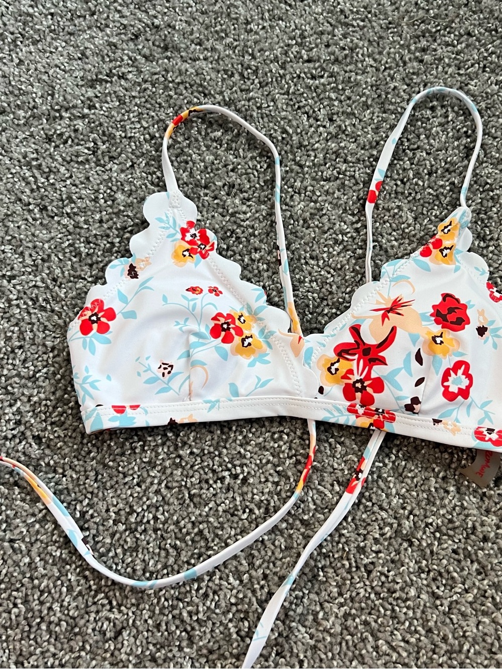 ROMWE White Floral Tie-Strap Swim Top with Red Accents